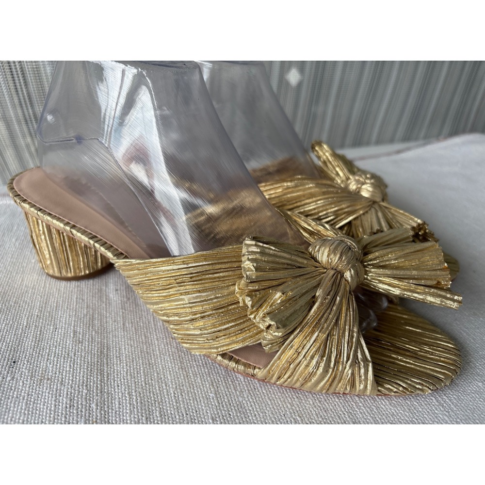 Loeffler Randall Emilia Gold Pleated Knot Mules Block Heel Sandals 10.5B